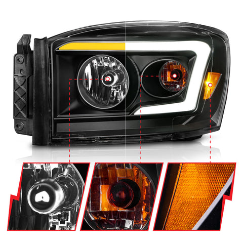 ANZO 06-09 Dodge RAM 1500/2500/3500 Headlights Black Housing/Clear Lens (w/Switchback Light Bars) - 111526