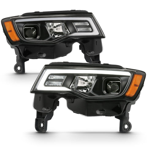 ANZO 2017-2018 Jeep Grand Cherokee Projector Headlights w/ Plank Style Switchback - Black w/ Amber - 111418