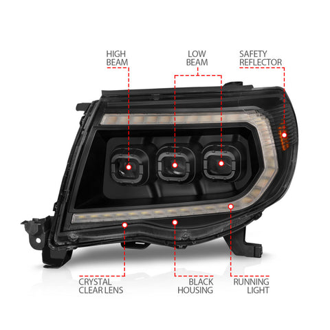 ANZO 05-11 Toyota Tacoma Full Proj Headlights w/Lght Bar Swchbk Seq. Blk. Housing w/Initiation Light - 111581