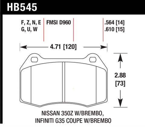 Hawk 03-04 Infinit G35 / 04-09 Nissan 350z w/ Brembo DTC-60 Race Front Brake Pads - HB545G.564