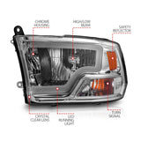 ANZO 2009-2018 Dodge Ram 1500/ 2500/ 3500 Crystal Headlights w/ Light Bar Chrome Housing - 111516