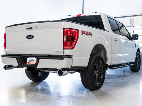 AWE Tuning 0FG 21+ Ford F150 Dual Split Rear Exhaust - 5in Chrome Silver Tips - 3015-32105