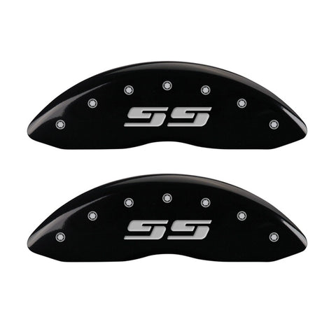 MGP Front set 2 Caliper Covers Engraved Front Silverado style/SS Black finish silver ch - 14238FSS3BK