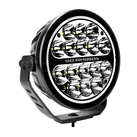 Go Rhino Xplor Blackout Series Round LED Spot Light Beam w/DRL (Surface/Thread Stud Mnt) 7in. - Blk - 750800711SRS