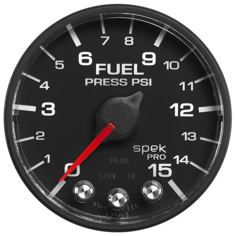 Autometer Spek-Pro Gauge Fuel Press 2 1/16in 15psi Stepper Motor W/Peak & Warn Blk/Blk - P315328