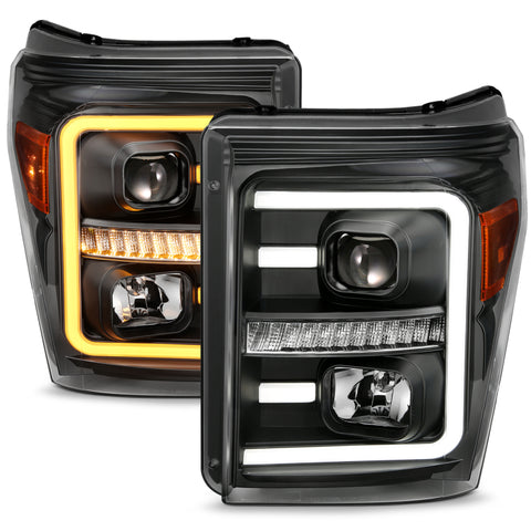 ANZO 2011-2016 Ford F250 Projector Headlights w/ Plank Style Switchback Black w/ Amber - 111406