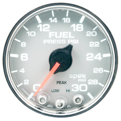 Autometer Spek-Pro Gauge Fuel Press 2 1/16in 30psi Stepper Motor W/Peak & Warn Slvr/Chrm - P31621