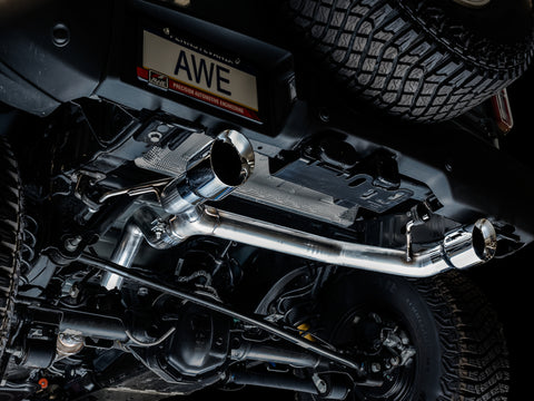 AWE Tuning 2021+ Ford Bronco 0FG Dual Rear Exit Exhaust w/Chrome Silver Tips & Bash Guard - 3015-32456