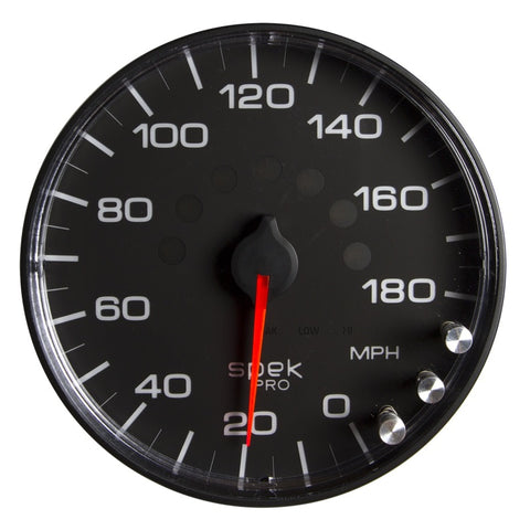 Autometer Spek-Pro Gauge Speedometer 5in 180 Mph Elec. Programmable Black/Black - P230328