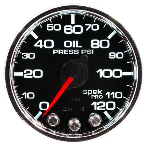 Autometer Spek-Pro Gauge Oil Press 2 1/16in 120psi Stepper Motor W/Peak & Warn Blk/Chrm - P32531