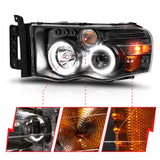 ANZO 2002-2005 Dodge Ram 1500 Projector Headlights w/ Halo Black Clear Amber - 111490