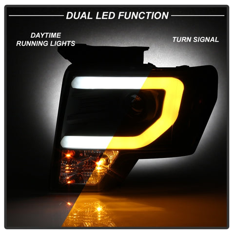 Spyder 09-14 Ford F-150 Projector Headlights - Halogen Model Light Bar - Blk PRO-YD-FF15009-SBLB-BK - 5086204