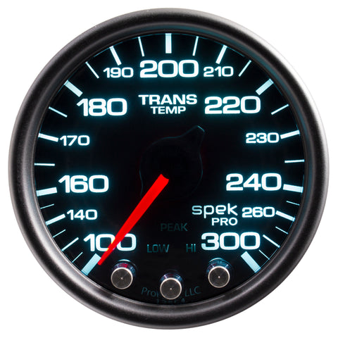 Autometer Spek-Pro Gauge Trans Temp 2 1/16in 300f Stepper Motor W/Peak & Warn Blk/Smoke/Blk - P34252