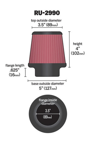 K&N Filter Universal Rubber Filter 3 1/2 inch Flange 5 inch Base 3 1/2 inch Top 4 inch Height - RU-2990