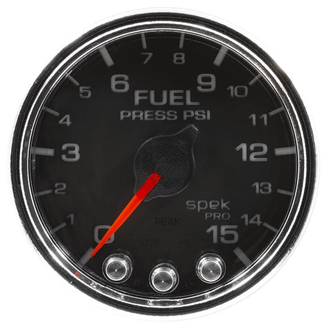 Autometer Spek-Pro Gauge Fuel Press 2 1/16in 15psi Stepper Motor W/Peak & Warn Blk/Chrm - P31531