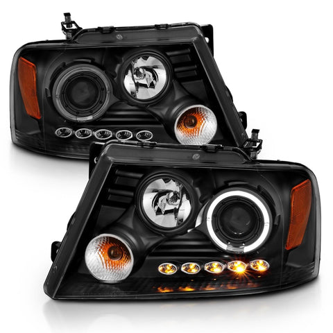 ANZO 2004-2008 Ford F-150 Projector Headlights w/ Halo and LED Black - 111028