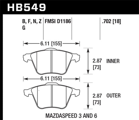 Hawk 2007-2013 Mazda 3 Mazdaspeed HPS 5.0 Front Brake Pads - HB549B.702