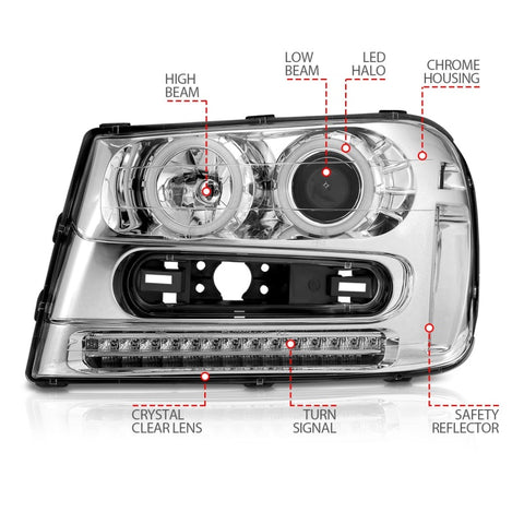 ANZO 2002-2009 Chevrolet Trailblazer Projector Headlights w/ Halo Chrome - 111131