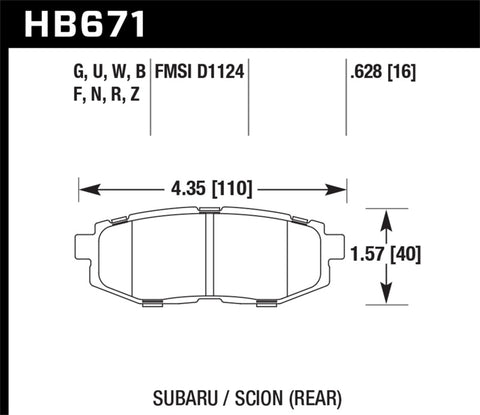 Hawk 13 Scion FR-S / 13 Subaru BRZ/10-12 Legacy 2.5 GT/3.6R HP Plus Street Rear Brake Pads - HB671N.628