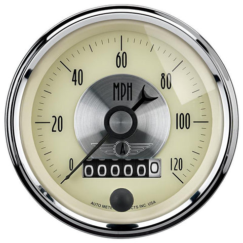 AutoMeter Gauge Speedo 3-3/8in. 120MPH Elec. Program W/Wheel Odo Prestige Antique. Ivory - 2089