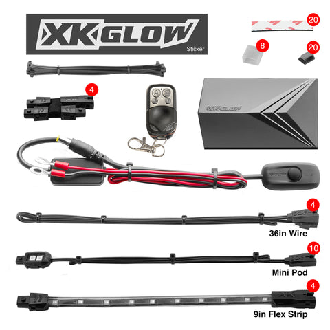 XK Glow Strips Single Color XKGLOW LED Accent Light Motorcycle Kit Pink - 10xPod + 4x8In - XK034002-P