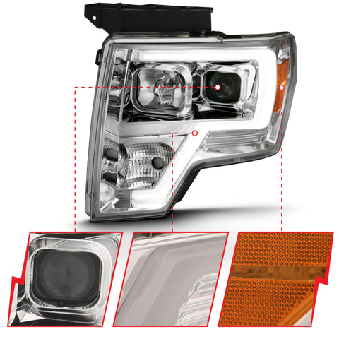 ANZO 2009-2014 Ford F-150 Projector Headlight Plank Style Chrome Amber - 111444