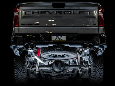 AWE Tuning 4th Gen GM 1500 6.2L 0FG Cat-Back Split Rear Exit (w/ Bumper Cutouts) - Quad Chrome Tips - 3015-42203