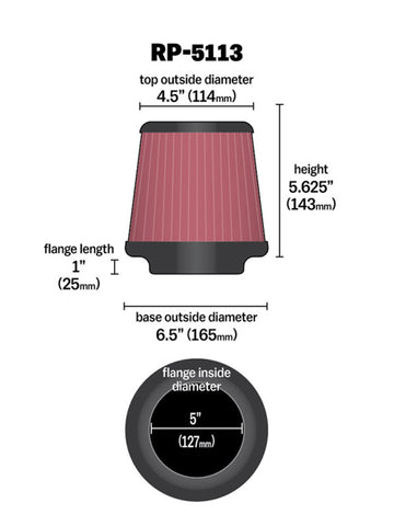 K&N Cone Filter 5in ID 6.5in base 4.5in top 5.625in height carbon fiber look - RP-5113