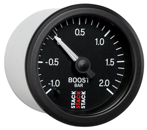 Autometer Stack 52mm -1 to +2 Bar T-Fitting 0.187in Barb (M) Mechanical Boost Pressure Gauge - Black - ST3111