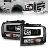 ANZO 99-04 Ford F250/F350/F450/Excursion (excl 99) Projector Headlights - w/ Light Bar Black Housing - 111551