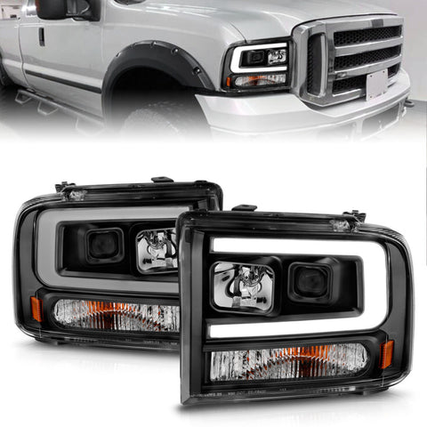 ANZO 99-04 Ford F250/F350/F450/Excursion (excl 99) Projector Headlights - w/ Light Bar Black Housing - 111551