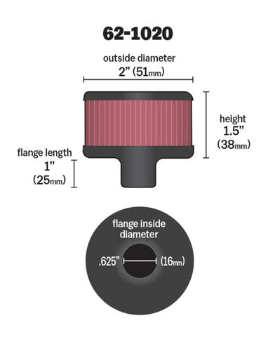 K&N Steel Base Crankcase Vent Filter .625in Vent OD x 2in OD x 1.5in Height - 62-1020