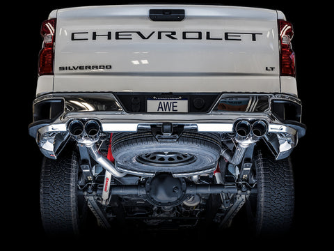 AWE Tuning 4th Gen GM 1500 5.3L 0FG Cat-Back Split Rear Exit (w/ Bumper Cutouts) - Quad Chrome Tips - 3015-42201