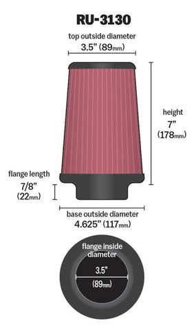 K&N Filter Universal Rubber Filter 3 1/2 inch Flange 4 5/8 inch Base 3 1/2 inch Top 7 inch Height - RU-3130