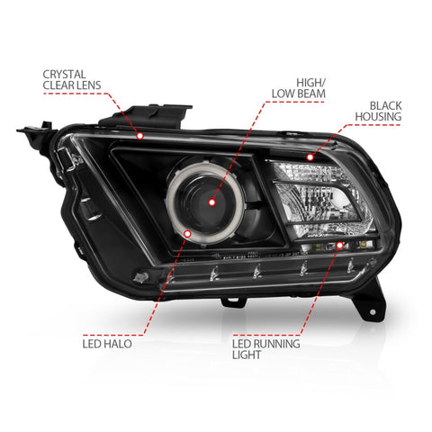 ANZO 2010-2014 Ford Mustang Projector Headlights w/ Halo Black (CCFL) - 121323