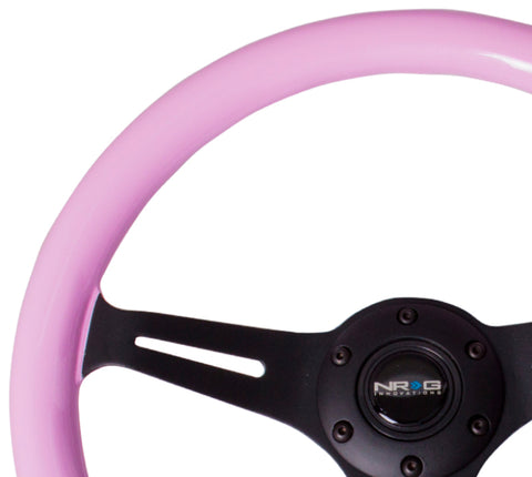 NRG Classic Wood Grain Steering Wheel (350mm) Solid Pink Painted Grip w/Black 3-Spoke Center - ST-015BK-PK