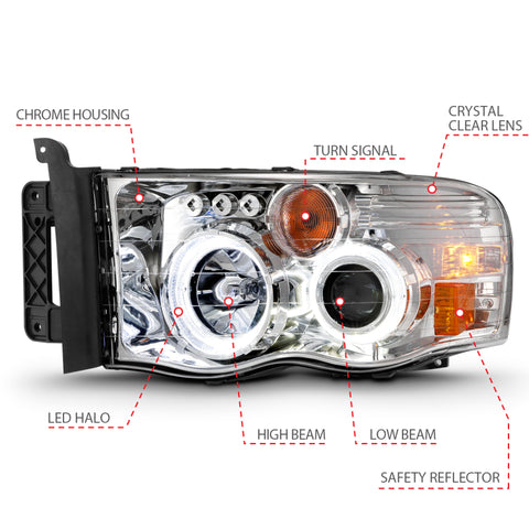 ANZO 2002-2005 Dodge Ram 1500 Projector Headlights w/ Halo Chrome Clear Amber - 111491