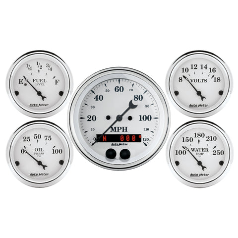 Auto Meter Speedometer 3-3/8in and 2-1/16in 5 Piece Old Tyme White Gauge Kit - 1650
