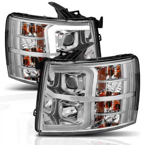 ANZO 07-13 Chevrolet Silverado 1500/2500/3500 Proj Headlights w/ Plank Style Switchback Chrome w/Amb - 111411