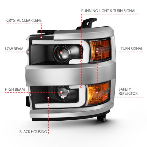ANZO 2015-2016 Chevrolet Silverado Projector Headlights w/ Plank Style Design Black w/ Amber - 111359