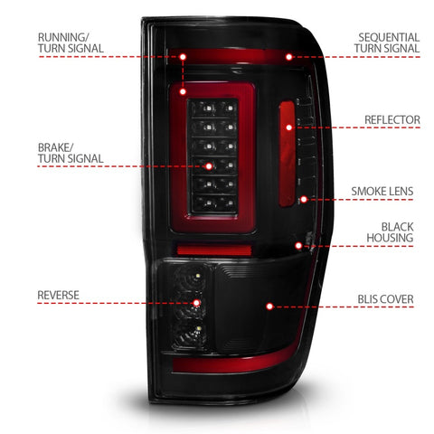 ANZO 19-22 Ford Ranger Full LED Taillights w/ Lightbar Sequential Signal Black Housing/Smoke Lens - 311447