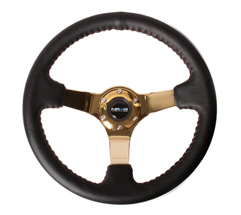 NRG Reinforced Steering Wheel (350mm / 3in. Deep) Blk Leather/Red BBall Stitch w/4mm Gold Spokes - RST-036GD