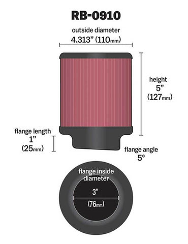 K&N Universal Rubber Filter 3 inch 5 Degree FLG 4 1/2 inch OD 5 inch Height - RB-0910
