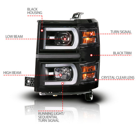 ANZO 14-15 Chevy Silverado 1500 Black Dual Switchback+Sequential LED Tube Sq. Projector Headlights - 111617