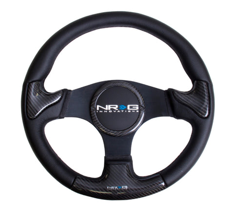 NRG Carbon Fiber Steering Wheel (350mm) Blk Frame Blk Stitching w/Rubber Cover Horn Button - ST-014CFBK