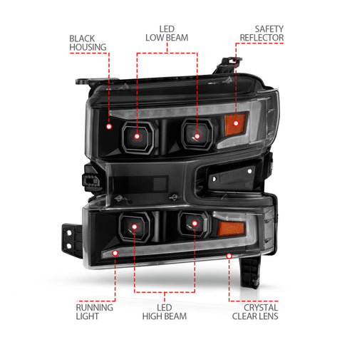ANZO 19-22 Chevrolet Silverado 1500 LED Proj HL w/Lgt Bar SwBk Seq. Blk w/In. Light - Passenger Side - 111566-R
