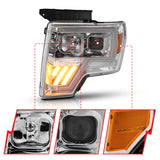 ANZO 2009-2014 Ford F-150 Projector Headlight Chrome Amber - 111446