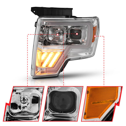 ANZO 2009-2014 Ford F-150 Projector Headlight Chrome Amber - 111446