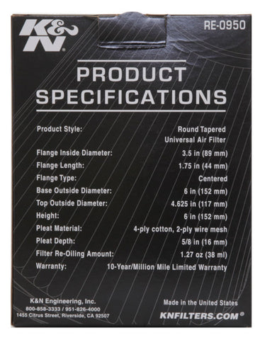 K&N Universal Rubber Filter 3 1/2inch ID FLG / 6inch Base / 4-5/8inch Top / 6inch Height - RE-0950