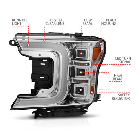 ANZO 18-20 Ford F-150 Full Led Projector Light Bar Style Headlights - Chrome Amber - 111521